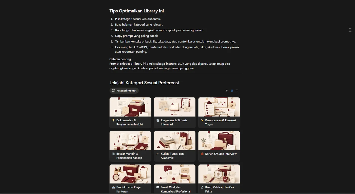 Preview kategori Prompt Snippet Library