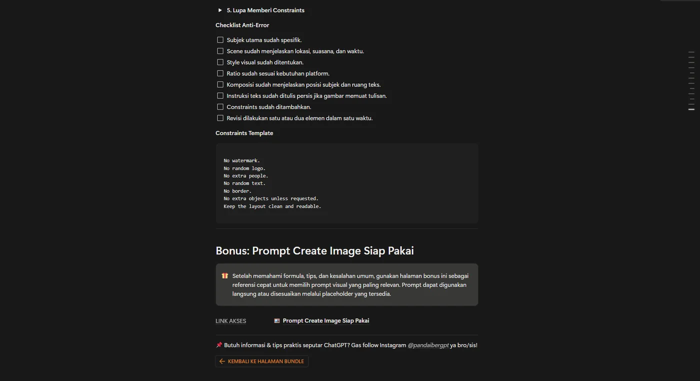 Preview checklist dan bonus Prompt Create Image siap pakai