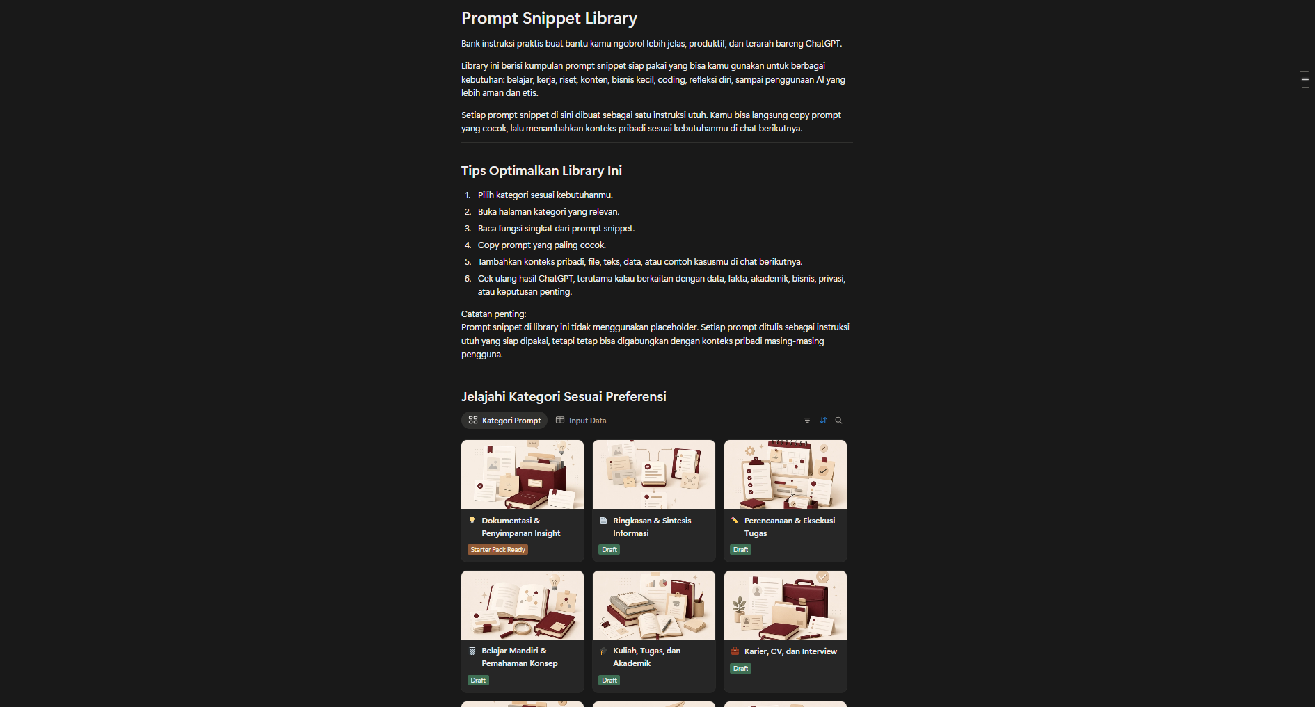 Tampilan Prompt Snippet Bank